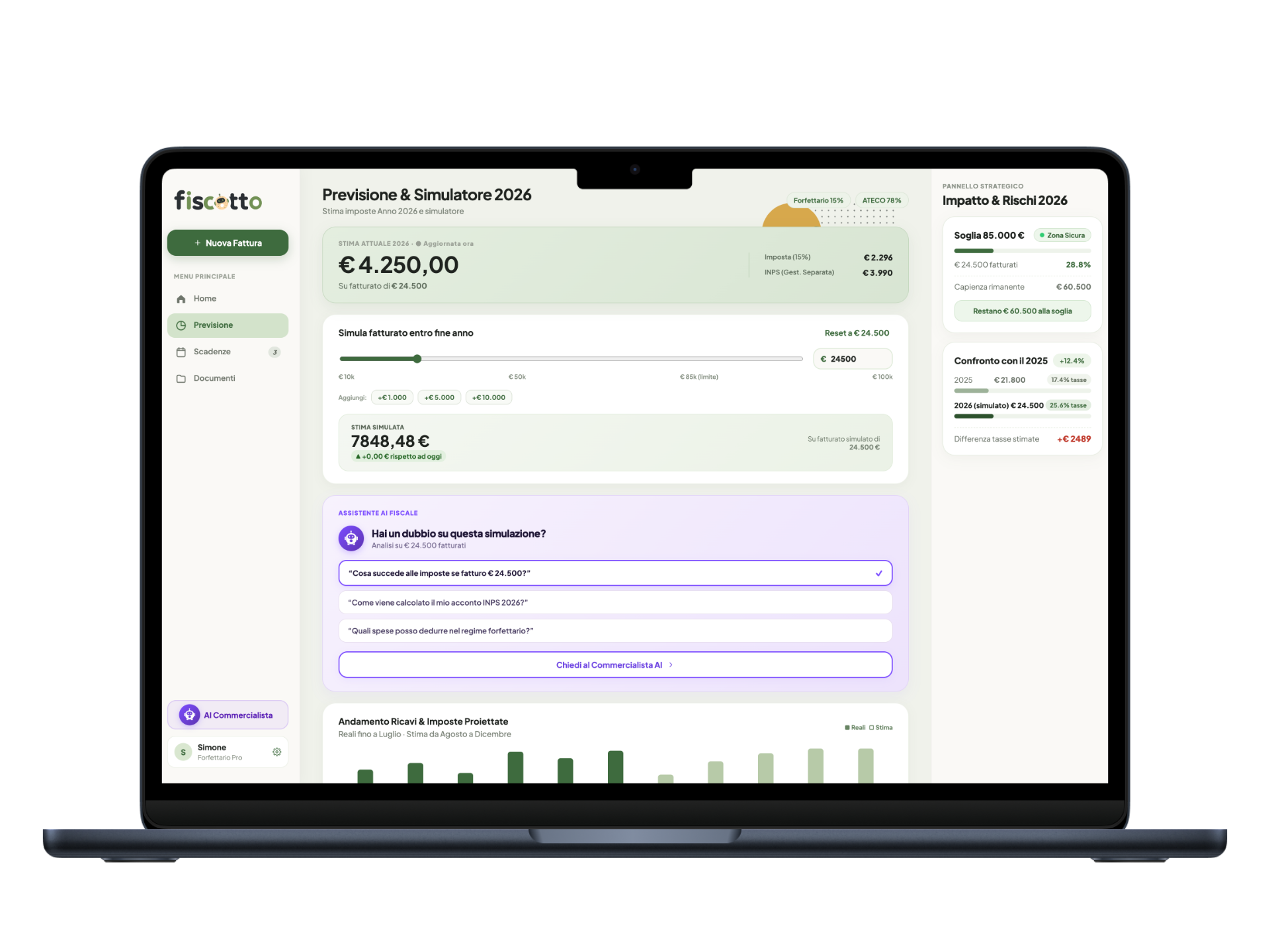 Dashboard del calcolatore tasse Fiscotto su Mac